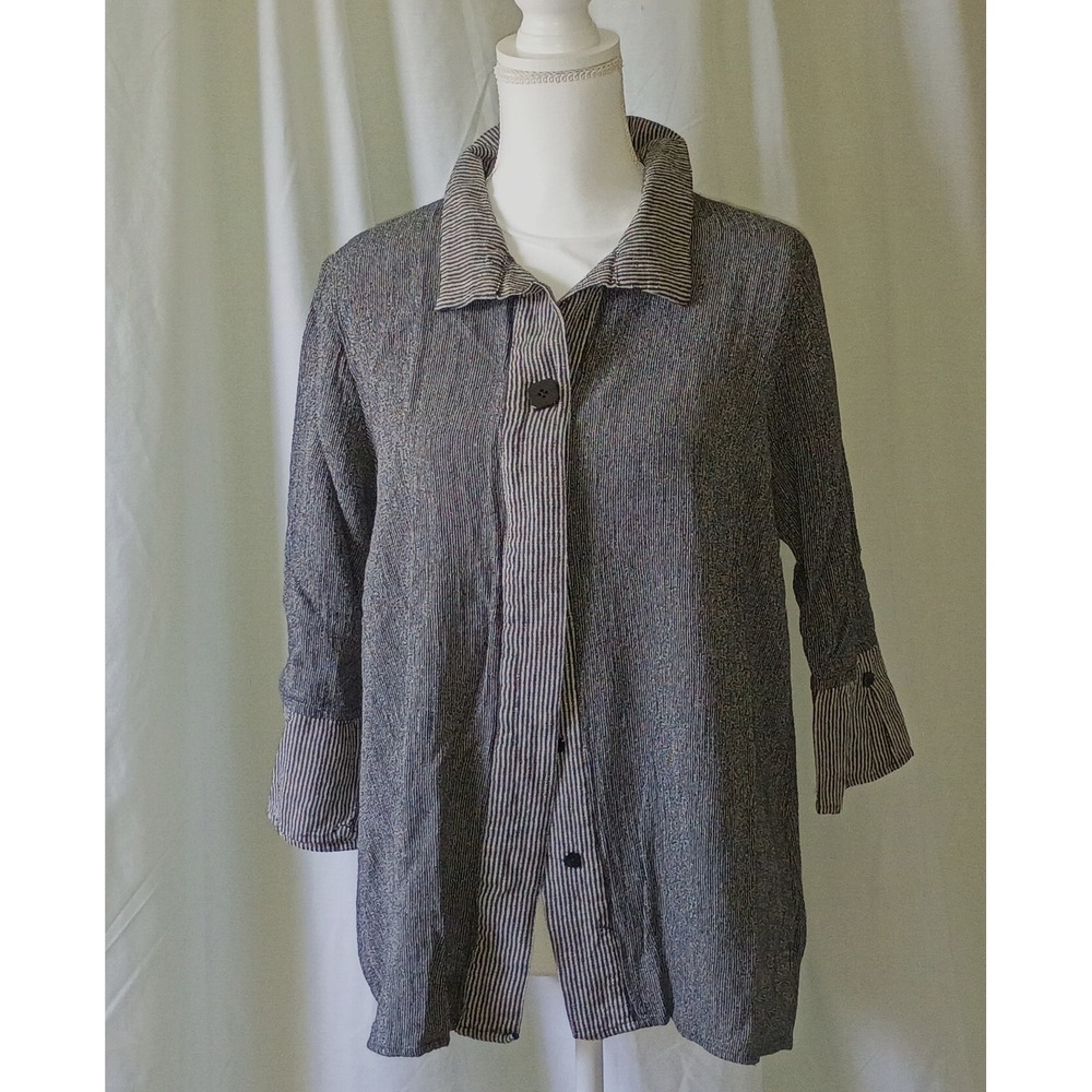 Coastal Grandma  Womens Dove Grey Pinstripe‎ Button Front Shirt Preppy Large